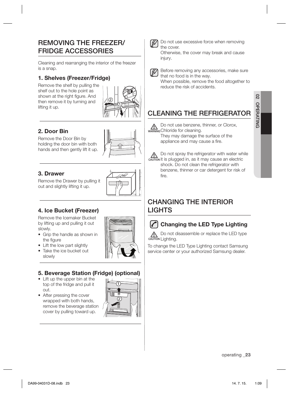 Removing the freezer/ fridge accessories, Cleaning the refrigerator, Changing the interior lights | Samsung RS61781GDSR User Manual | Page 49 / 132