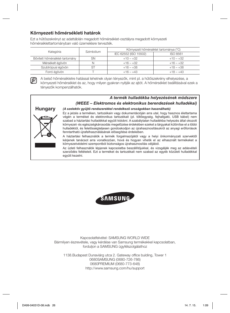 Hungary, Környezeti hőmérsékleti határok | Samsung RS61781GDSR User Manual | Page 78 / 132