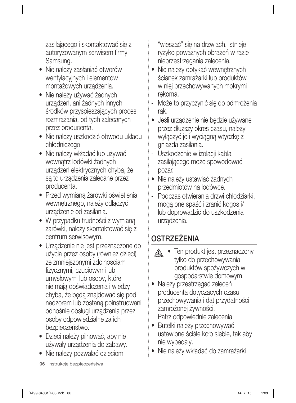 Ostrzeżenia | Samsung RS61781GDSR User Manual | Page 84 / 132