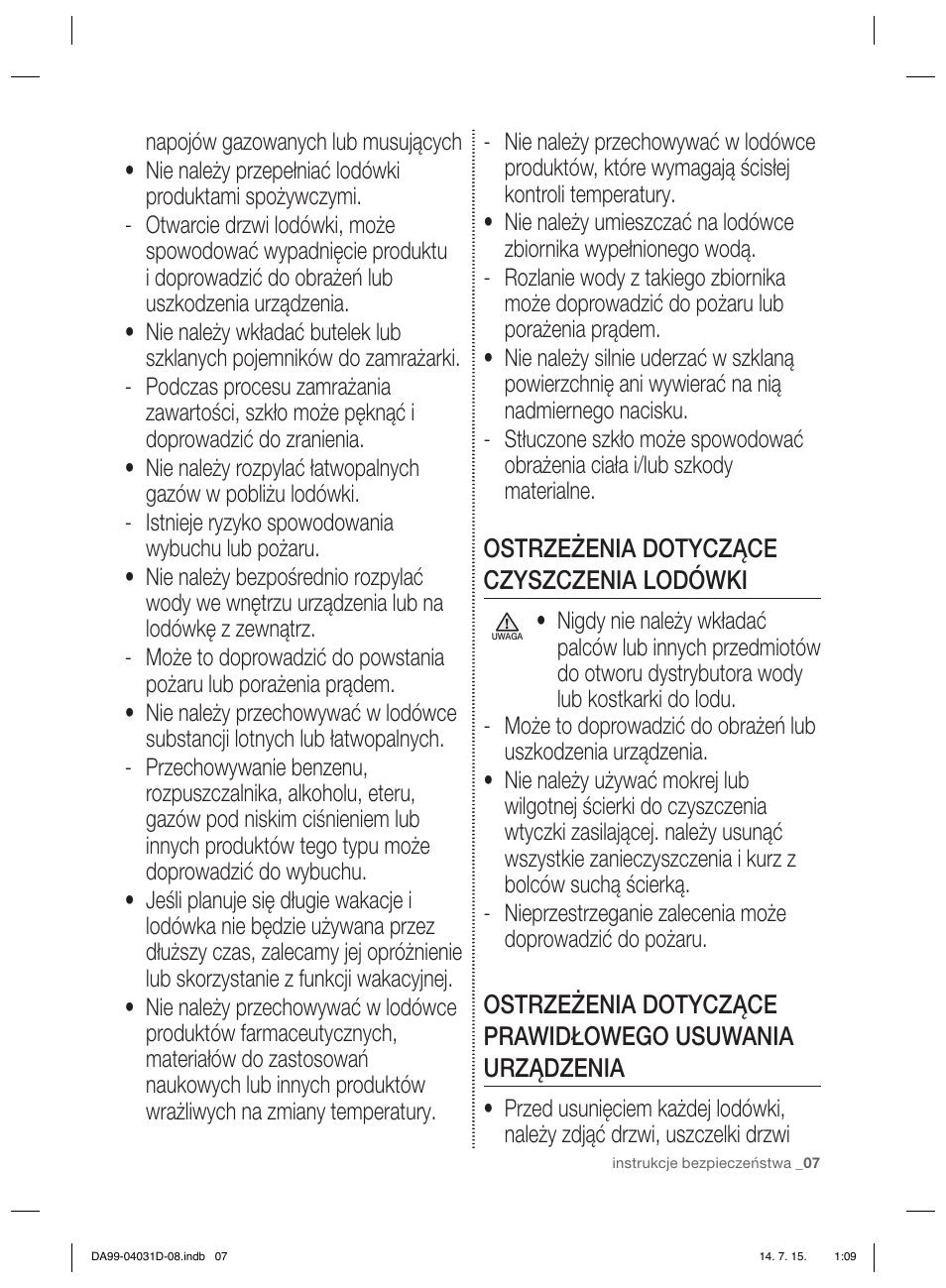 Ostrzeżenia dotyczące czyszczenia lodówki | Samsung RS61781GDSR User Manual | Page 85 / 132