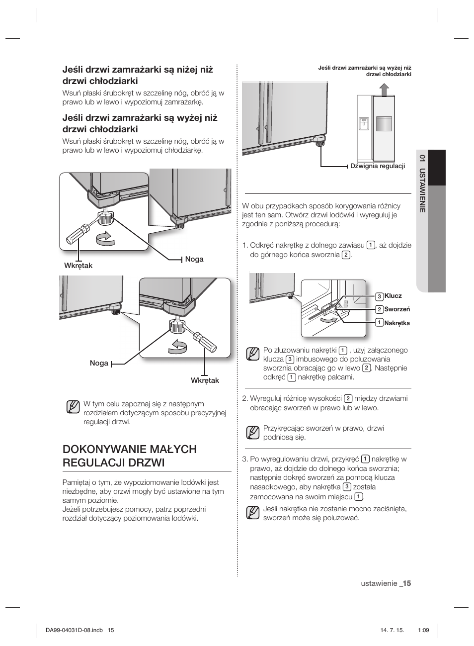 Dokonywanie małych regulacji drzwi | Samsung RS61781GDSR User Manual | Page 93 / 132