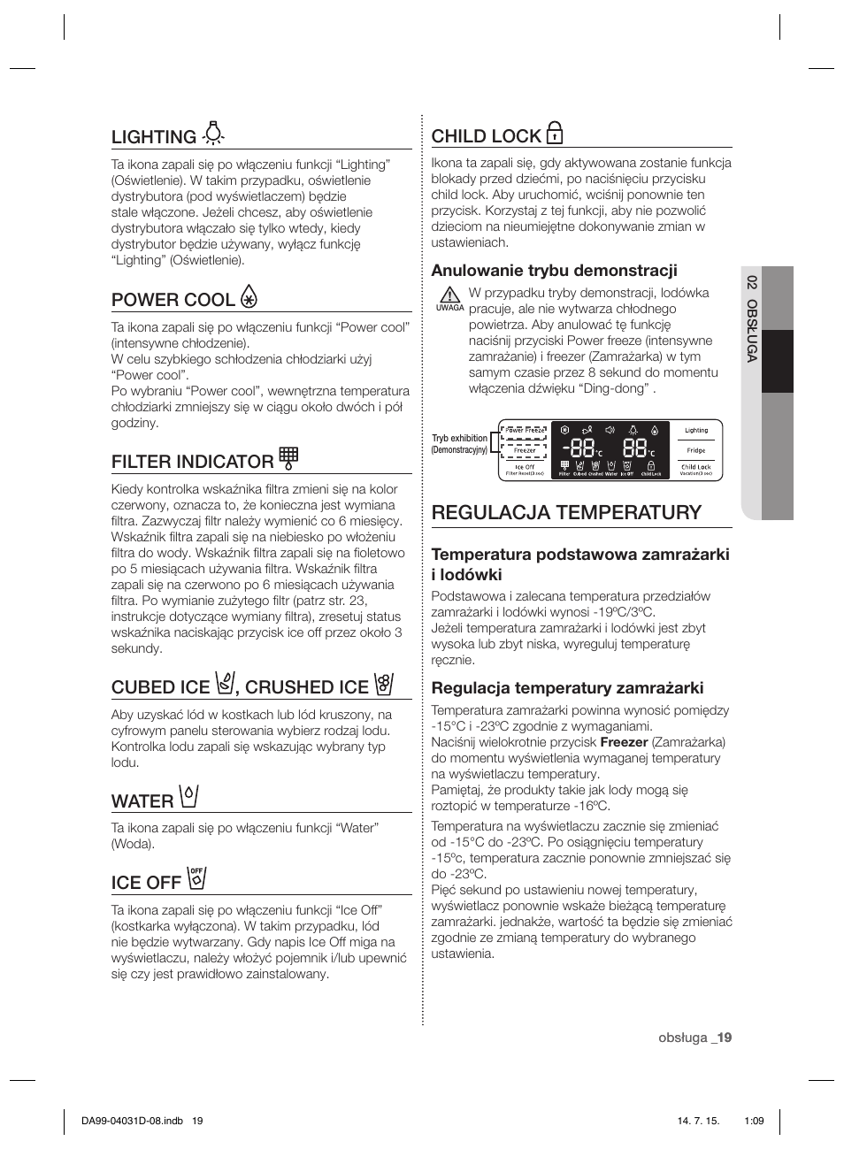 Regulacja temperatury, Child lock, Lighting | Power cool, Filter indicator, Cubed ice , crushed ice, Water, Ice off | Samsung RS61781GDSR User Manual | Page 97 / 132