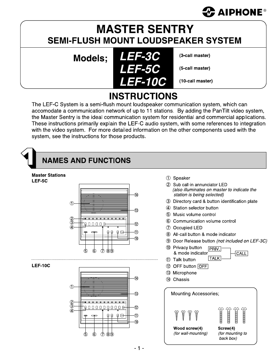 Aiphone MASTER SENTRY LEF-10C User Manual | 12 pages