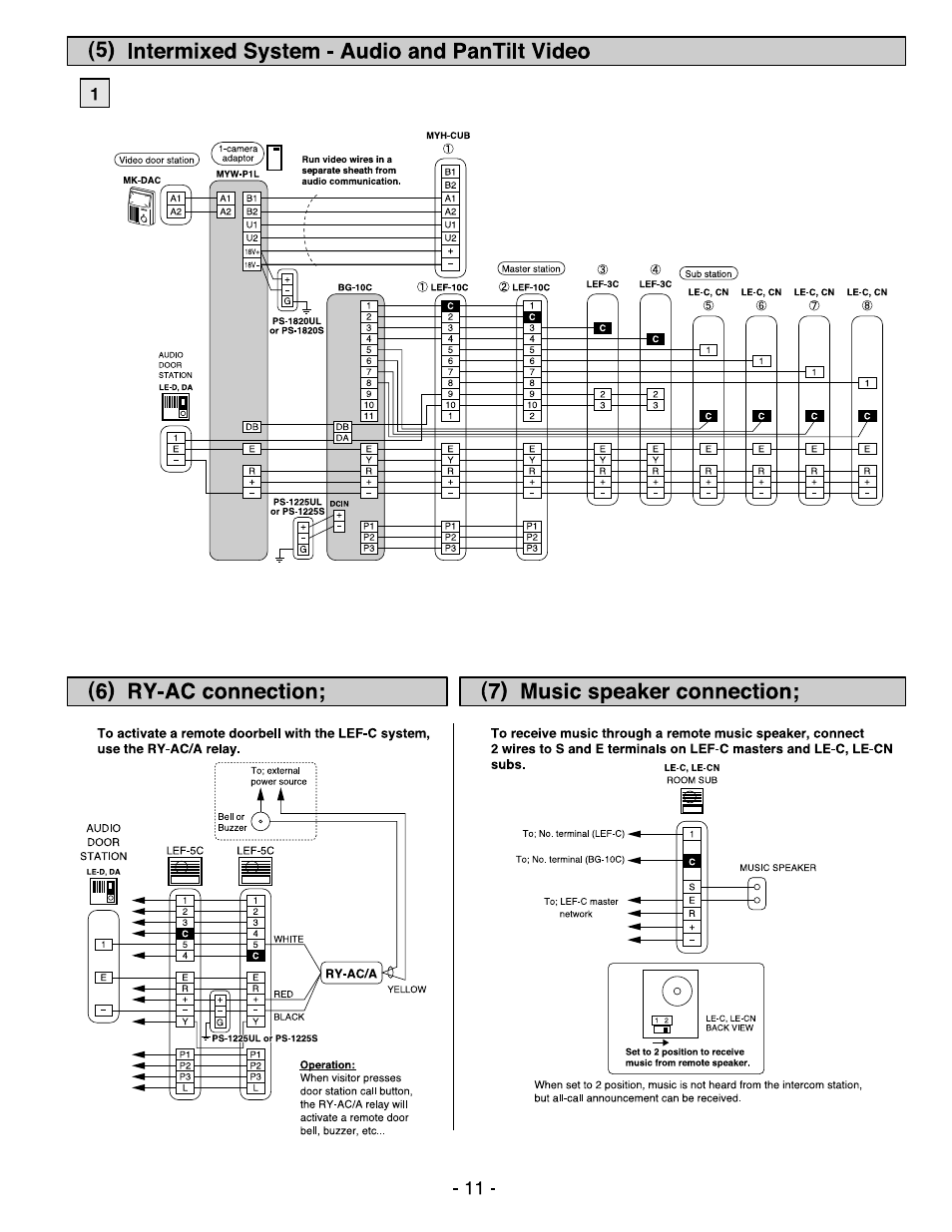5) intermixed system - audio and pantilt video, 6) ry-ac connection, 7) music speaker connection | 6) ry-ac connection; (7) music speaker connection | Aiphone MASTER SENTRY LEF-10C User Manual | Page 11 / 12