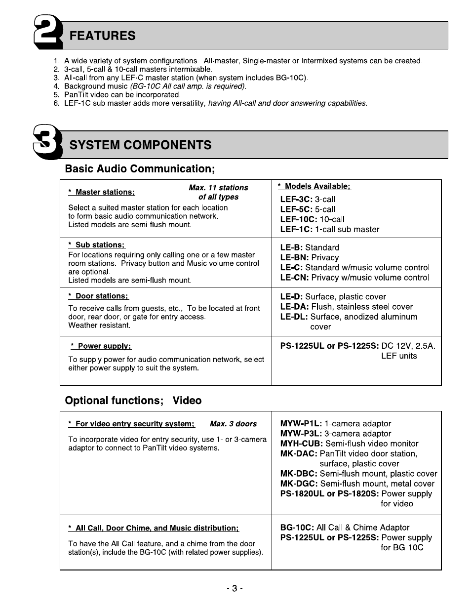 Features, System components, Basic audio communication | Optionai functions; video | Aiphone MASTER SENTRY LEF-10C User Manual | Page 3 / 12