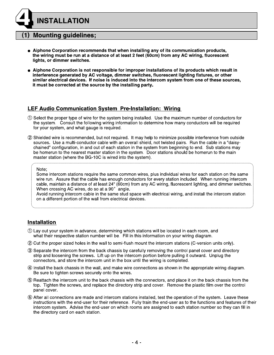 1) mounting guidelines, Installation | Aiphone MASTER SENTRY LEF-10C User Manual | Page 4 / 12