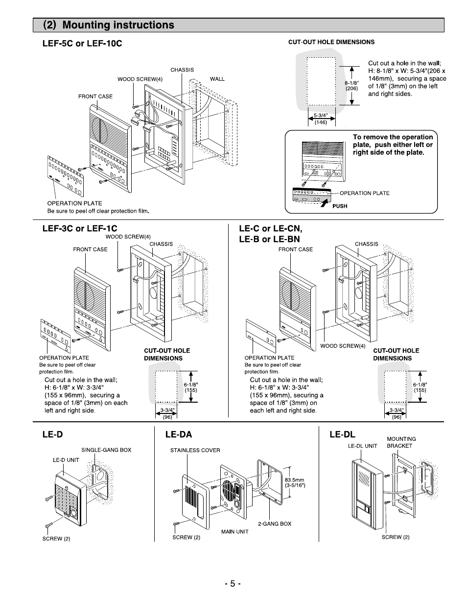 2) mounting instructions, Lef-5c or lef-10c, Lef-3c or lef-1c | Le-c or le-cn, le-b or le-bn, Le-d, Le-da, Le-dl | Aiphone MASTER SENTRY LEF-10C User Manual | Page 5 / 12