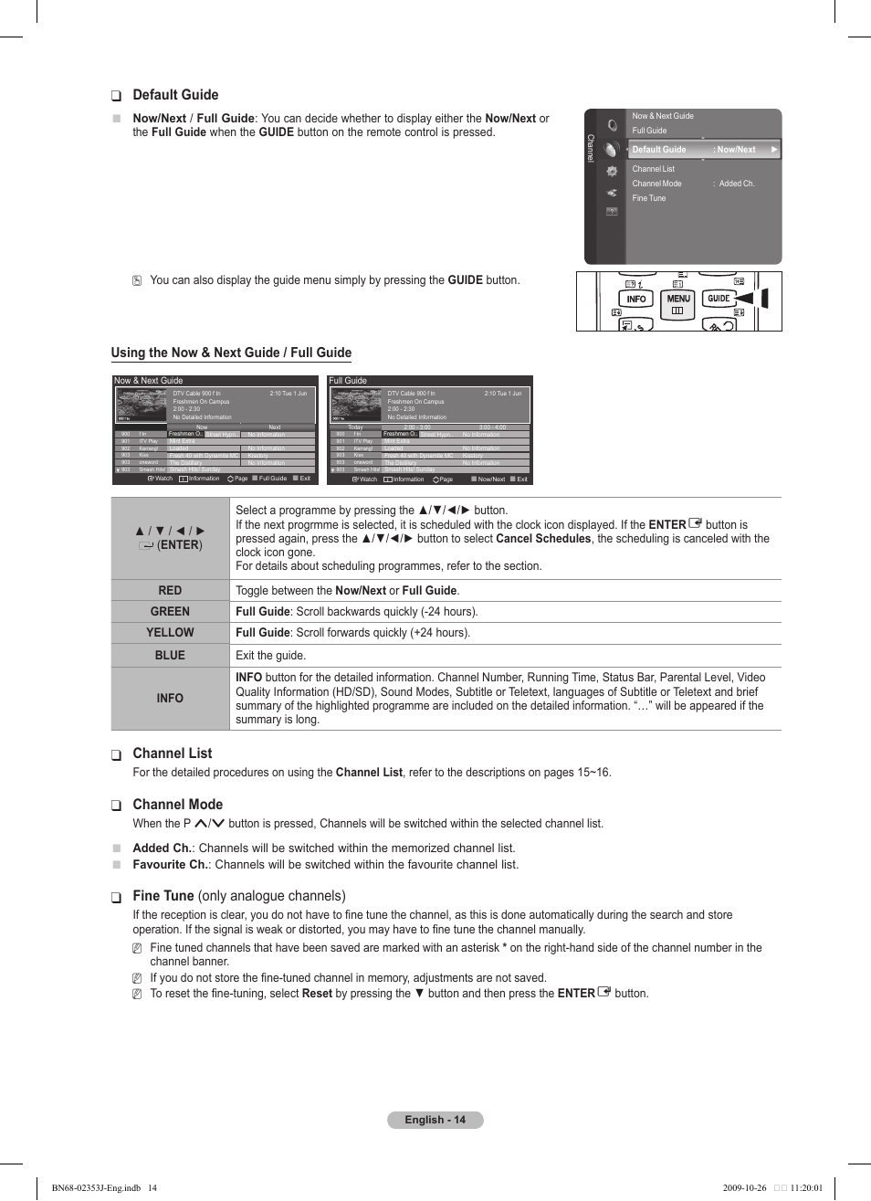 Default guide, Channel list, Channel mode | Fine tune ❑ (only analogue channels), Using the now & next guide / full guide | Samsung PS42B430P2W User Manual | Page 14 / 343