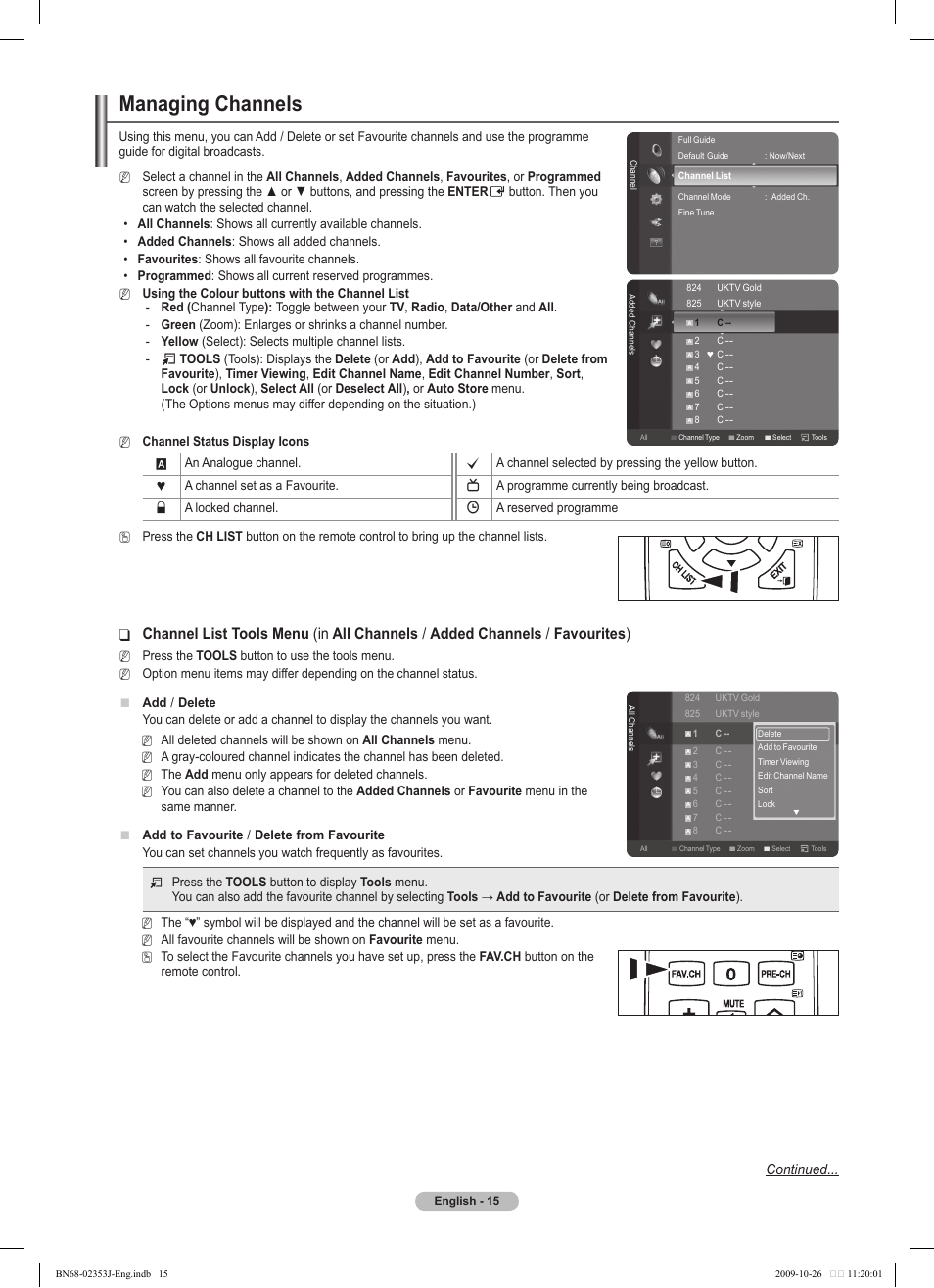 Managing channels, Continued | Samsung PS42B430P2W User Manual | Page 15 / 343