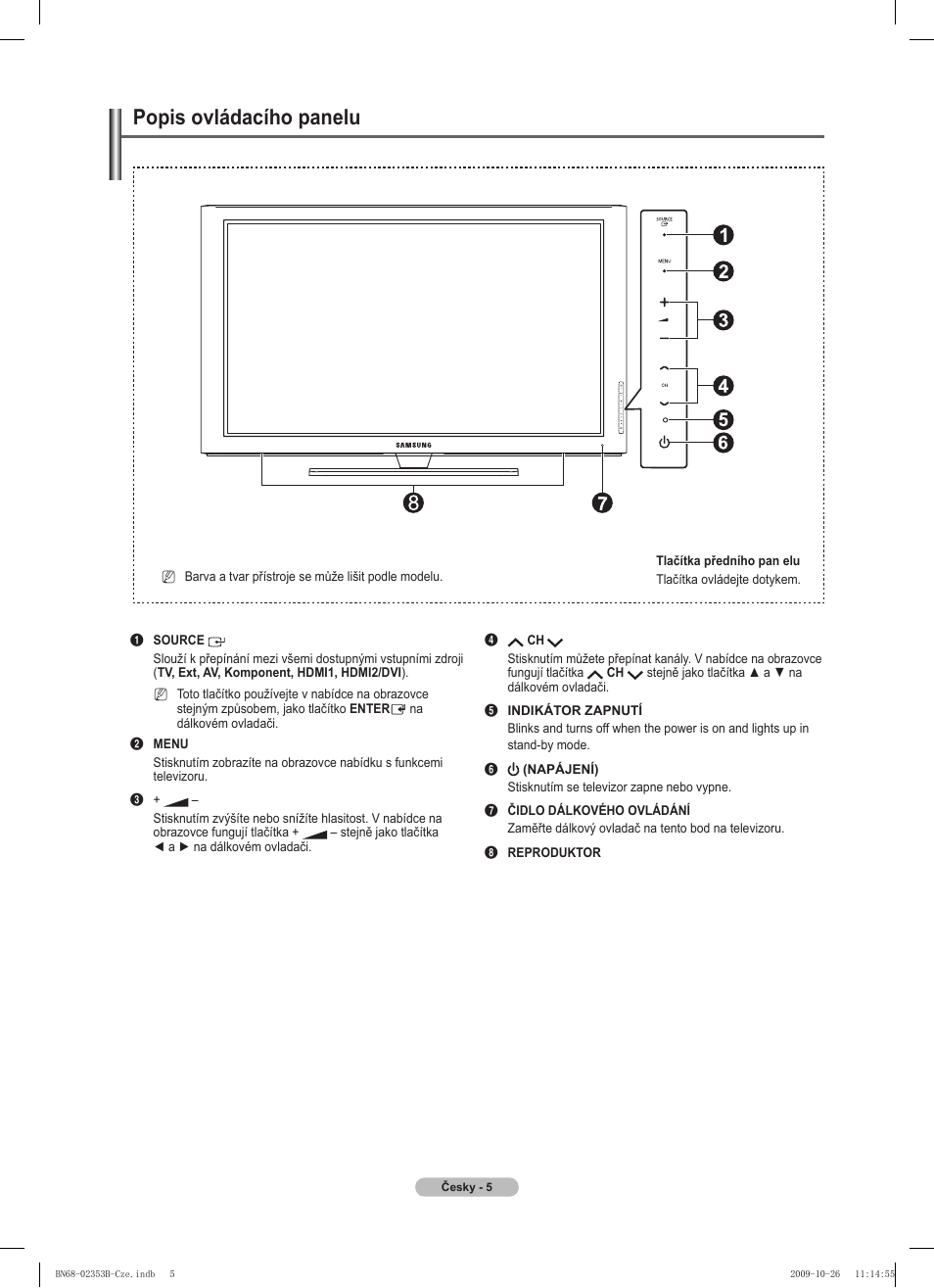 Popis ovládacího panelu | Samsung PS42B430P2W User Manual | Page 175 / 343