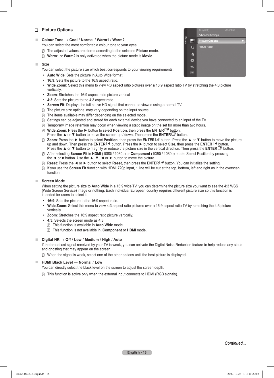 Picture options | Samsung PS42B430P2W User Manual | Page 18 / 343