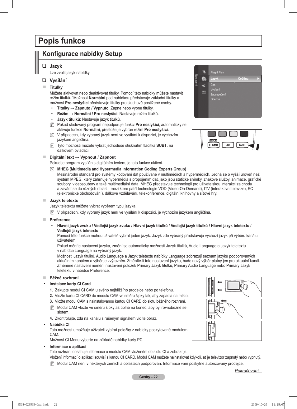 Popis funkce, Konfigurace nabídky setup | Samsung PS42B430P2W User Manual | Page 192 / 343