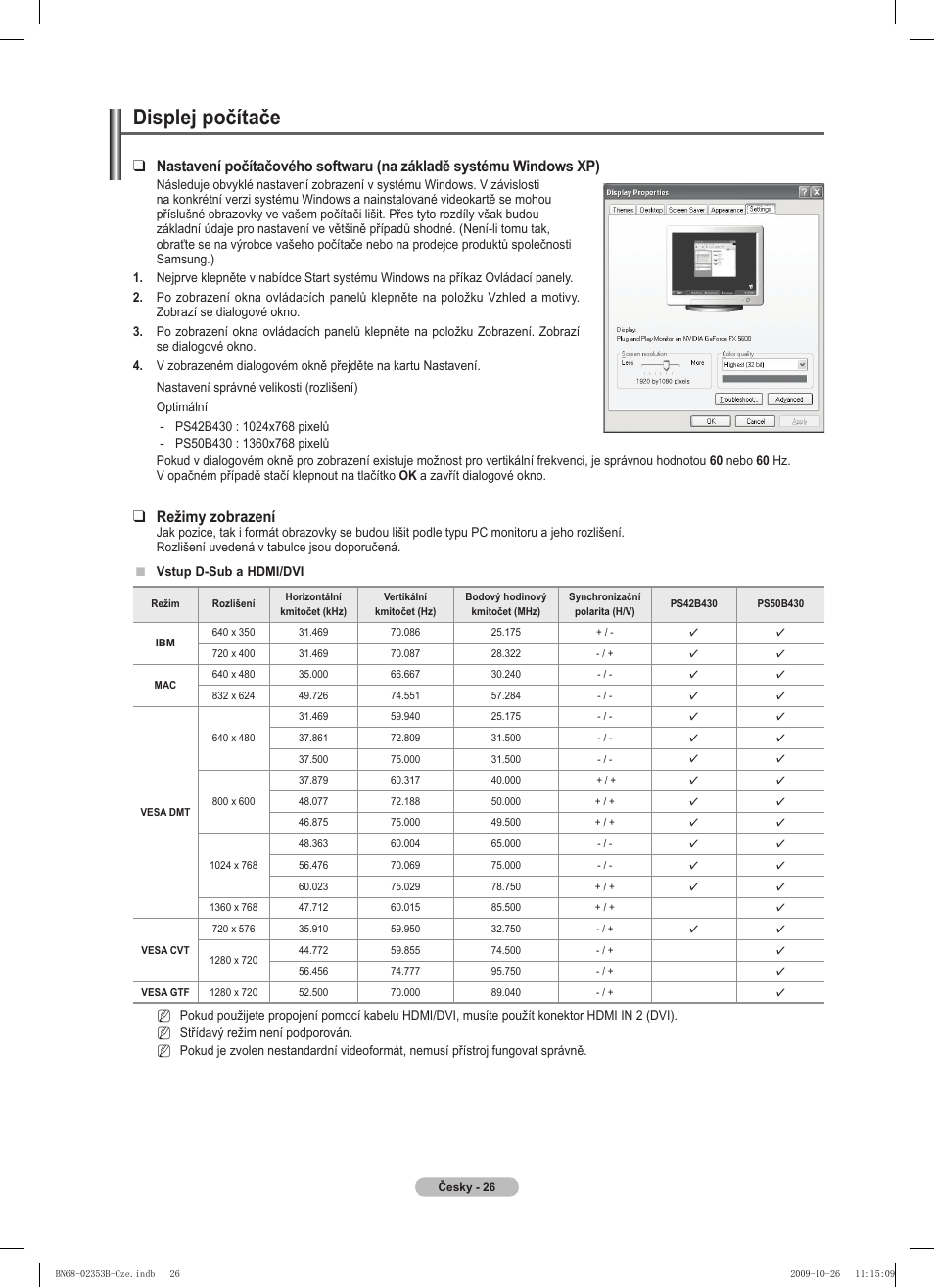 Displej počítače, Režimy zobrazení | Samsung PS42B430P2W User Manual | Page 196 / 343