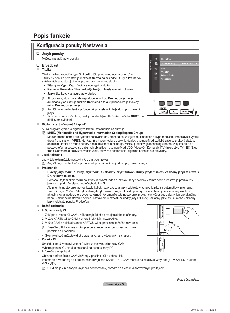 Popis funkcie, Konfigurácia ponuky nastavenia | Samsung PS42B430P2W User Manual | Page 226 / 343