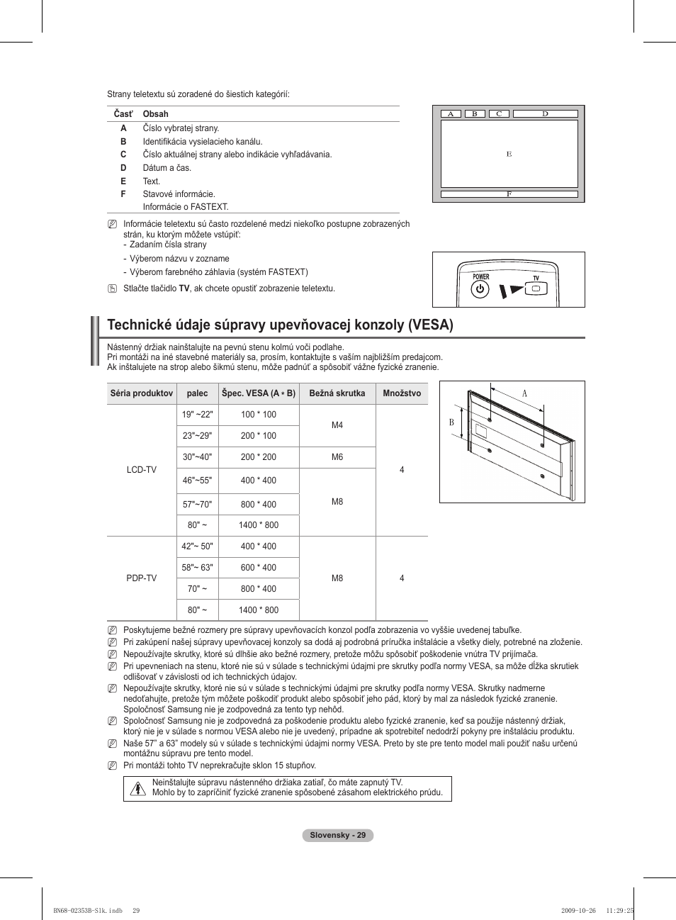 Technické údaje súpravy upevňovacej konzoly (vesa) | Samsung PS42B430P2W User Manual | Page 233 / 343