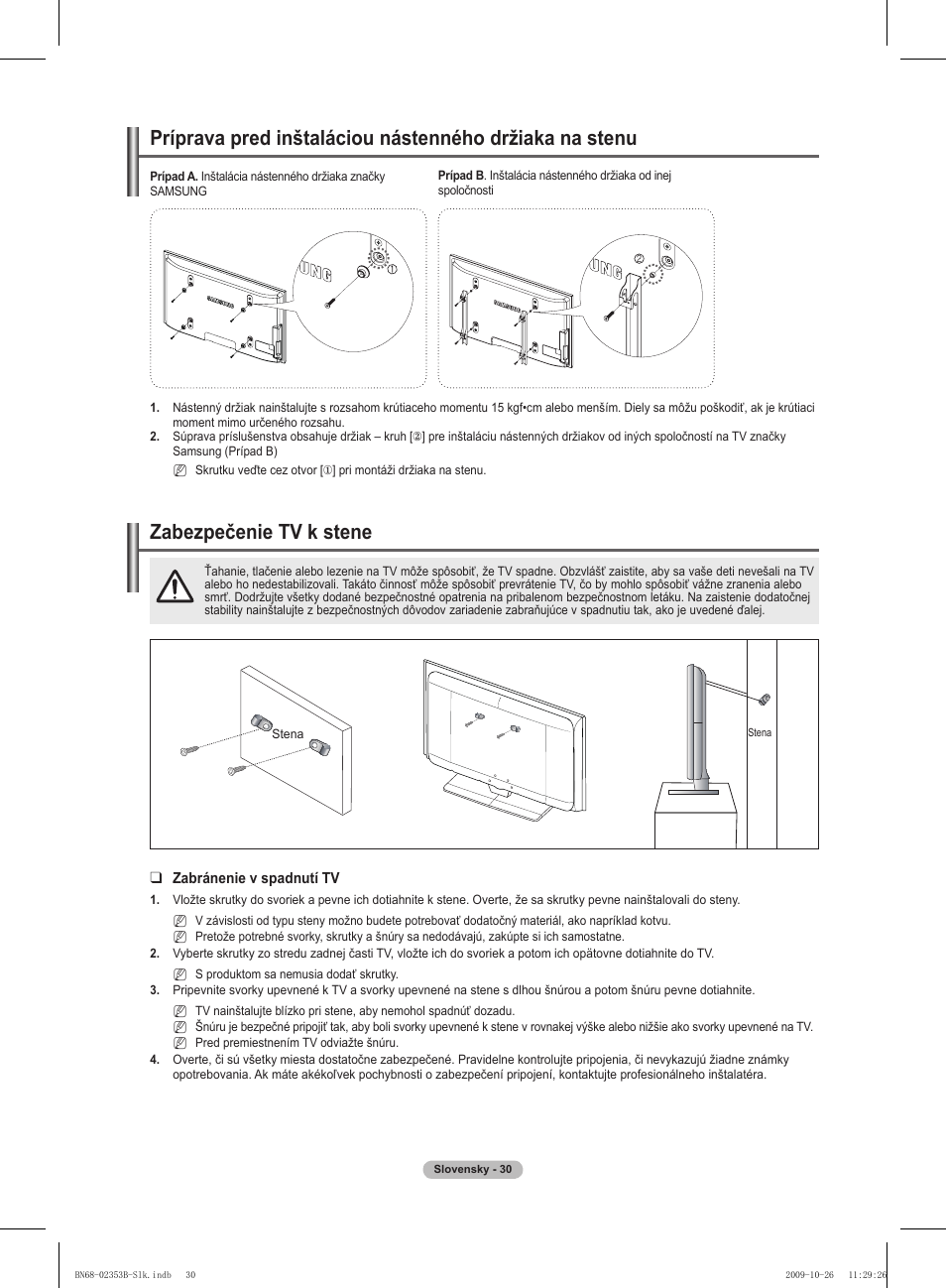 경고 주의 경고 주의, Zabezpečenie tv k stene | Samsung PS42B430P2W User Manual | Page 234 / 343