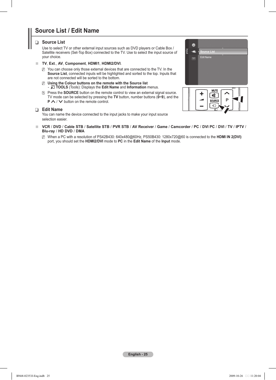Source list / edit name | Samsung PS42B430P2W User Manual | Page 25 / 343