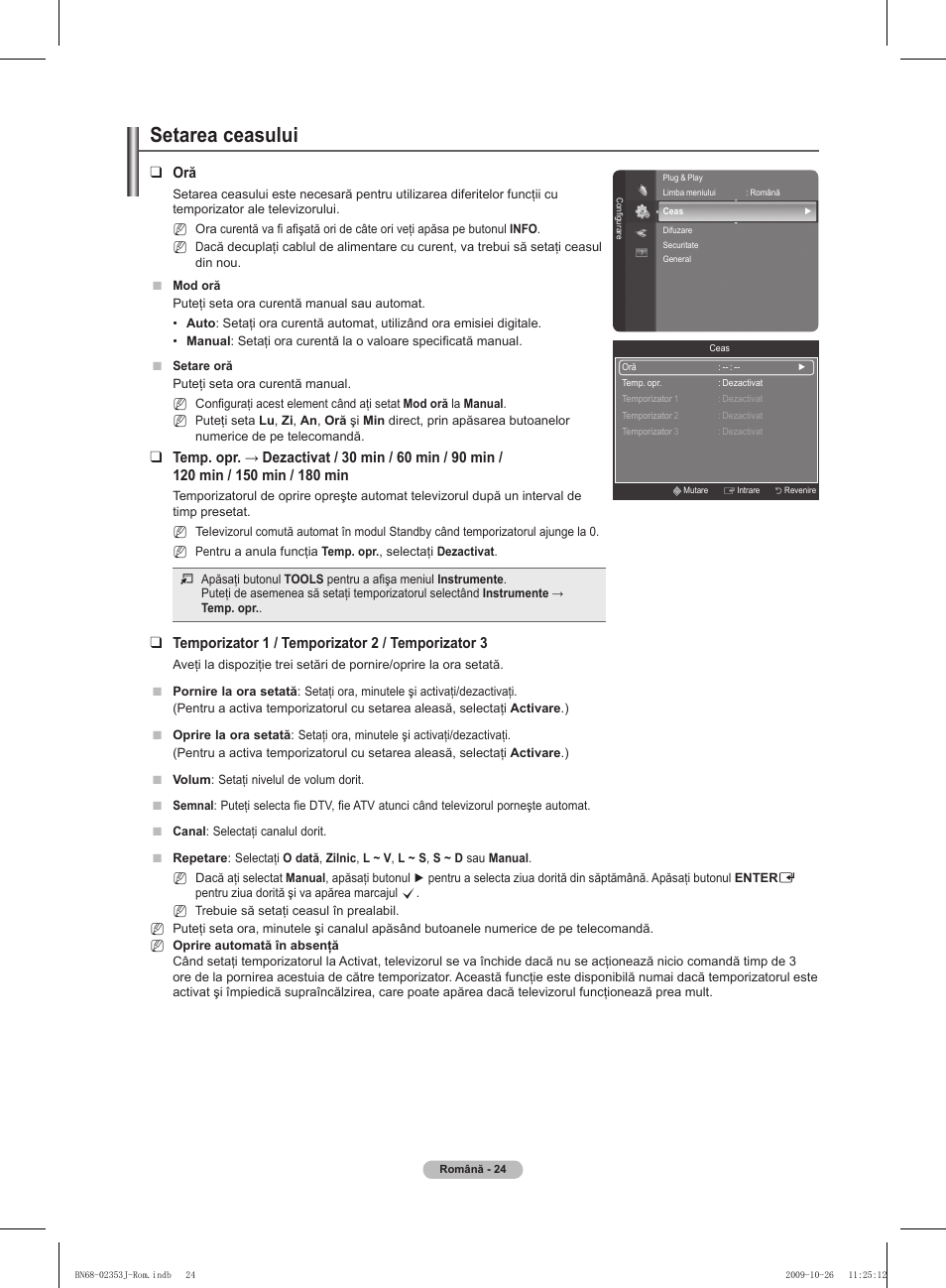 Setarea ceasului, Temporizator 1 / temporizator  / temporizator | Samsung PS42B430P2W User Manual | Page 262 / 343