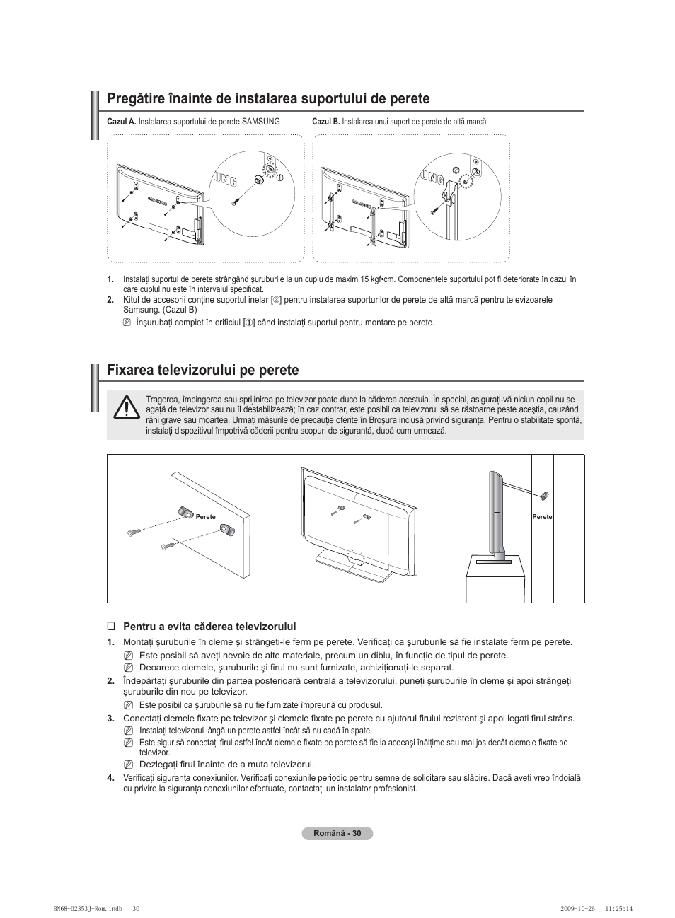 경고 주의 경고 주의, Fixarea televizorului pe perete | Samsung PS42B430P2W User Manual | Page 268 / 343