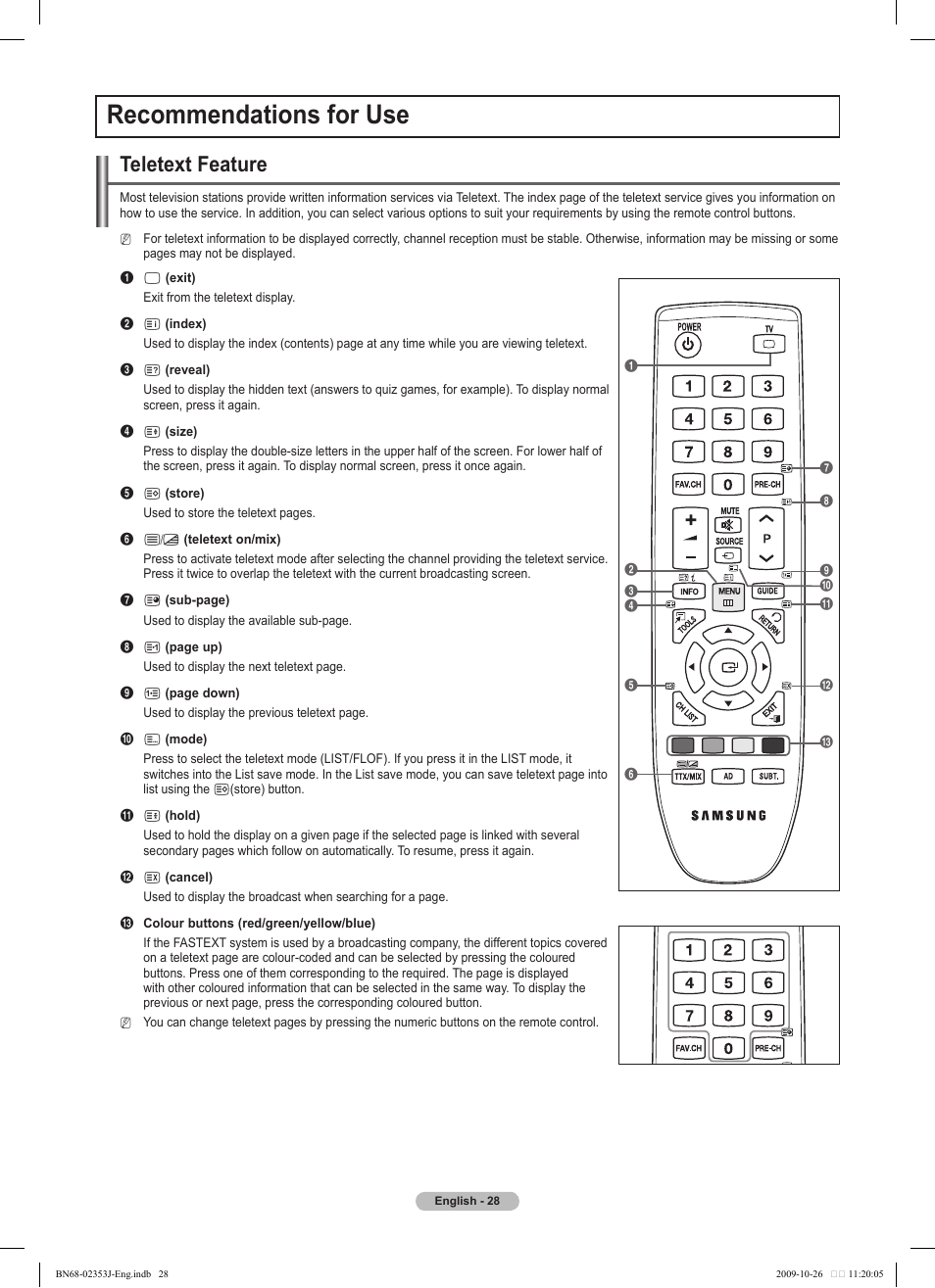 Recommendations for use, Teletext feature | Samsung PS42B430P2W User Manual | Page 28 / 343