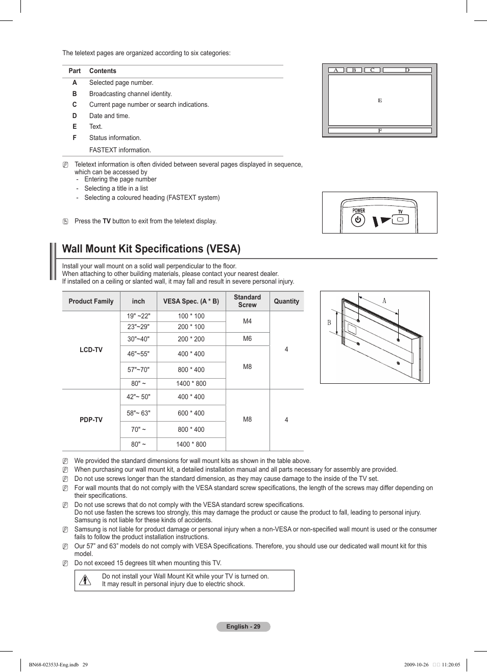 Wall mount kit specifications (vesa) | Samsung PS42B430P2W User Manual | Page 29 / 343