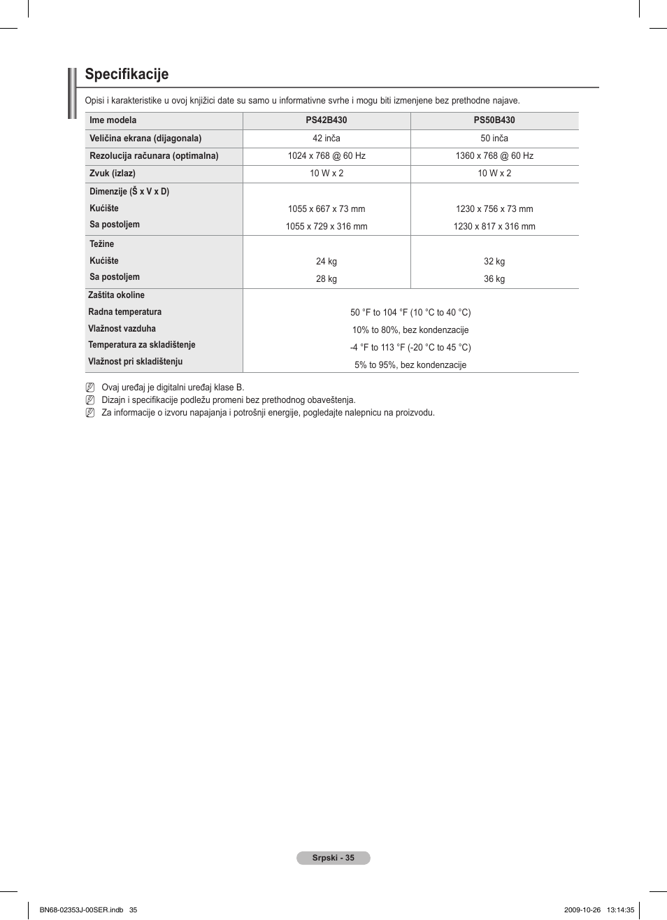 Specifikacije | Samsung PS42B430P2W User Manual | Page 307 / 343