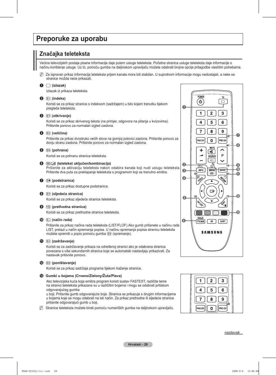 Preporuke za uporabu, Značajka teleteksta | Samsung PS42B430P2W User Manual | Page 334 / 343