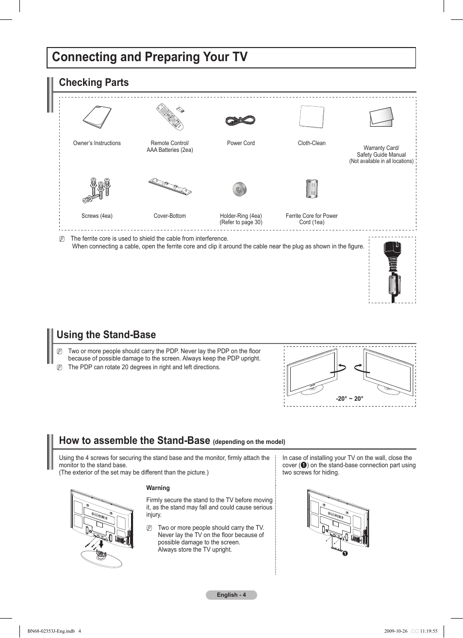 Connecting and preparing your tv, Using the stand-base, How to assemble the stand-base | Checking parts | Samsung PS42B430P2W User Manual | Page 4 / 343
