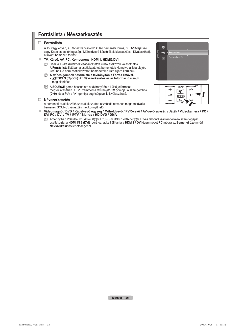 Forráslista / névszerkesztés | Samsung PS42B430P2W User Manual | Page 59 / 343