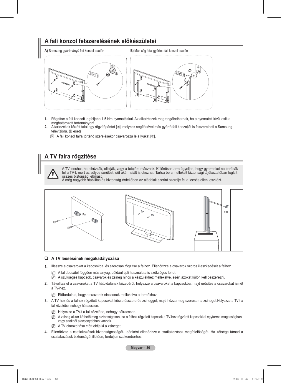 경고 주의 경고 주의, A tv falra rögzítése, A fali konzol felszerelésének előkészületei | Samsung PS42B430P2W User Manual | Page 64 / 343