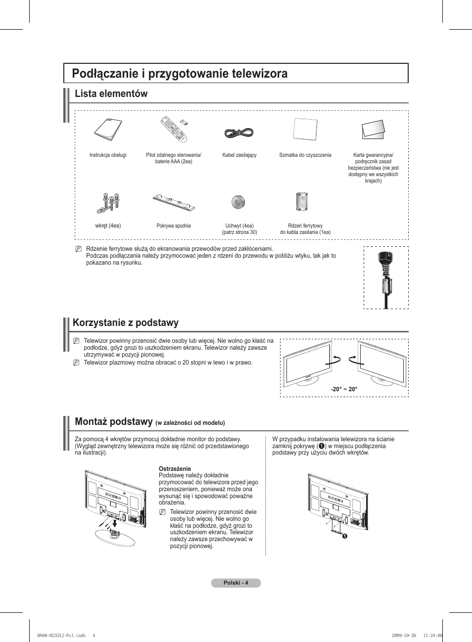 Podłączanie i przygotowanie telewizora, Lista elementów, Korzystanie z podstawy | Montaż podstawy | Samsung PS42B430P2W User Manual | Page 72 / 343