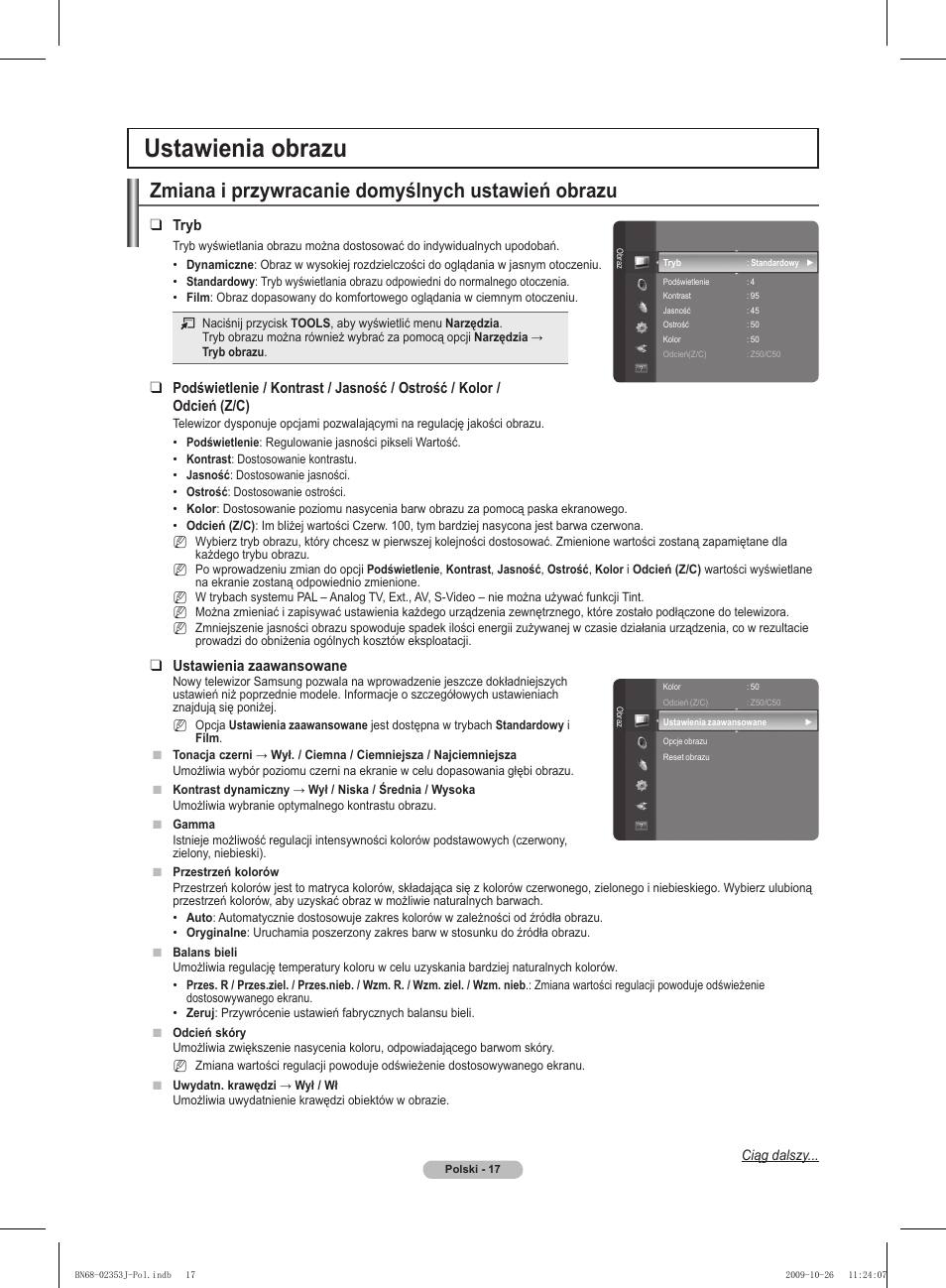 Ustawienia obrazu, Zmiana i przywracanie domyślnych ustawień obrazu, Tryb | Ustawienia zaawansowane | Samsung PS42B430P2W User Manual | Page 85 / 343