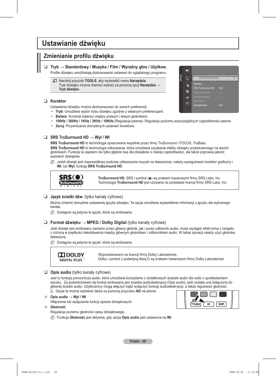 Ustawianie dźwięku, Zmienianie profilu dźwięku | Samsung PS42B430P2W User Manual | Page 88 / 343