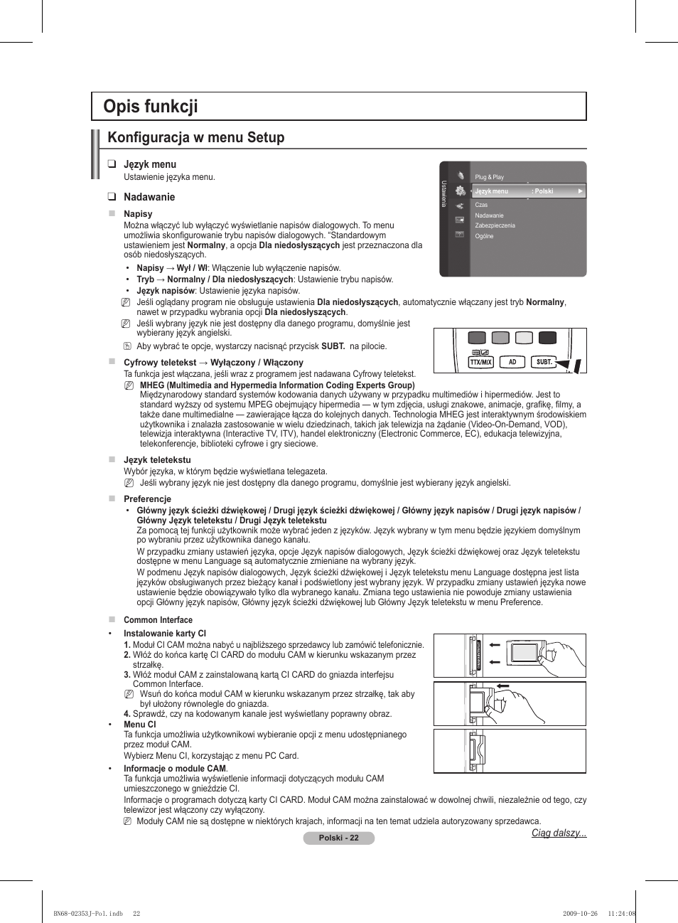 Opis funkcji, Konfiguracja w menu setup | Samsung PS42B430P2W User Manual | Page 90 / 343