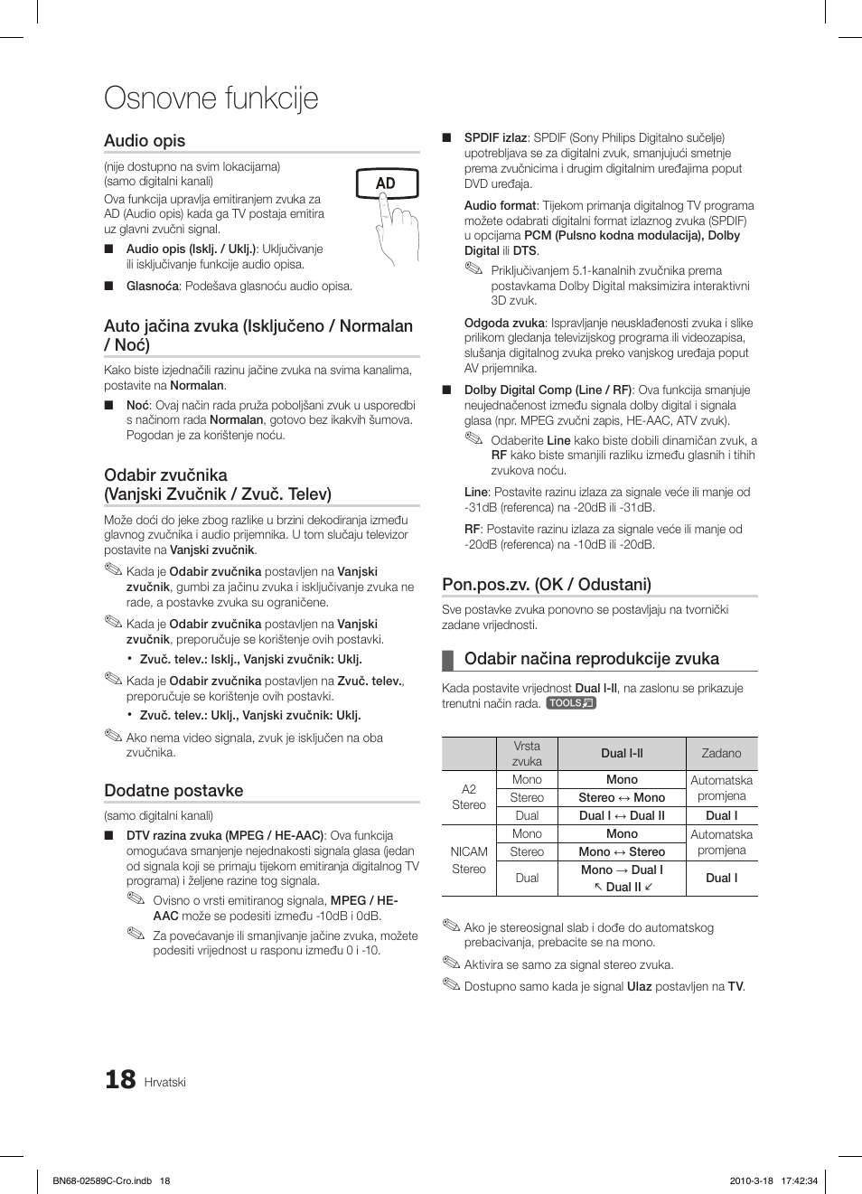 Osnovne funkcije, Fav.ch p.mode dual mts | Samsung LE26C350D1W User Manual | Page 183 / 331