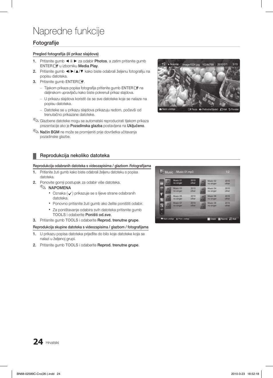 Napredne funkcije, Fotografije, Reprodukcija nekoliko datoteka | Samsung LE26C350D1W User Manual | Page 189 / 331