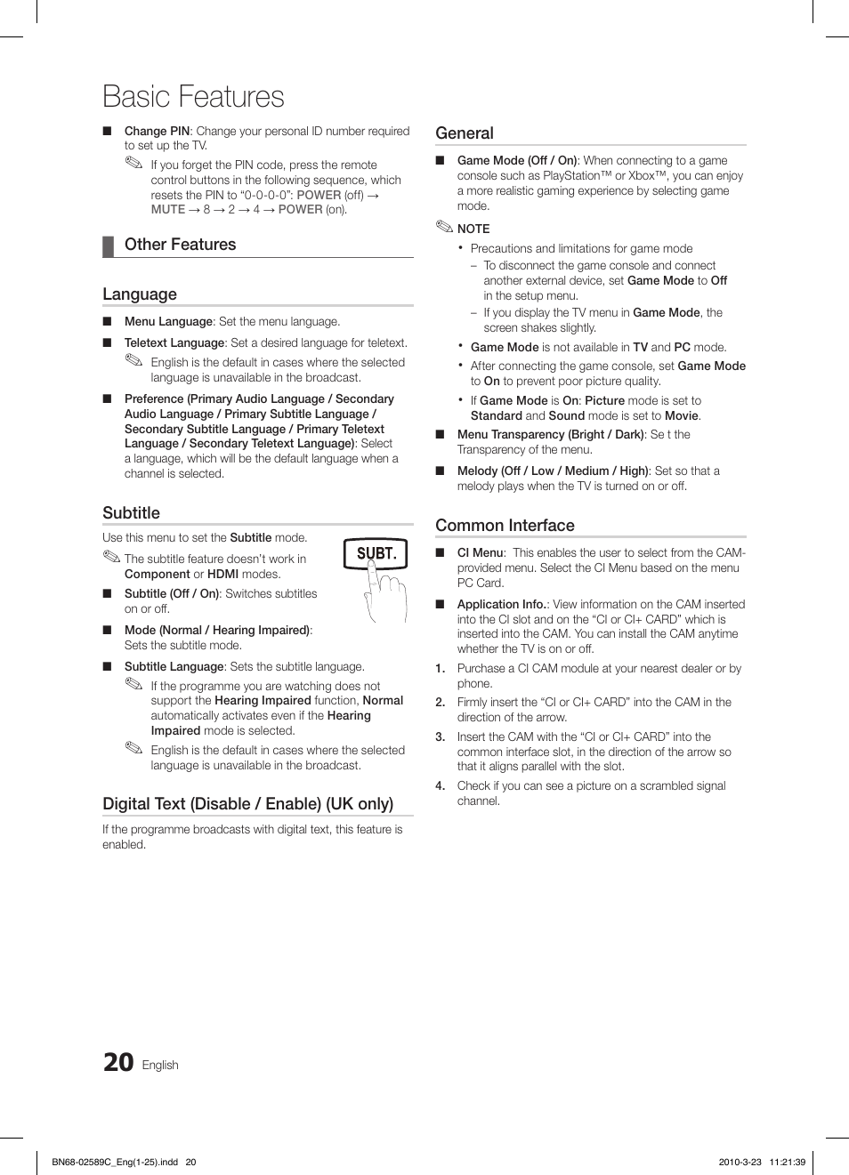 Basic features, Fav.ch p.mode dual mts, Other features ¦ language | Subtitle, Digital text (disable / enable) (uk only), General, Common interface, Media.p | Samsung LE26C350D1W User Manual | Page 20 / 331