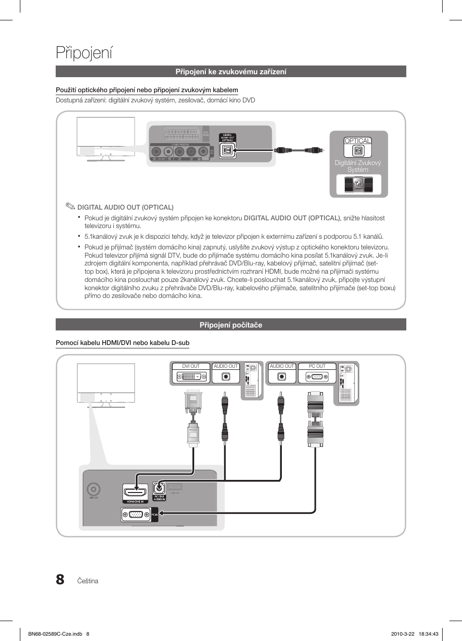 Připojení, Připojení ke zvukovému zařízení, Připojení počítače | Samsung LE26C350D1W User Manual | Page 206 / 331