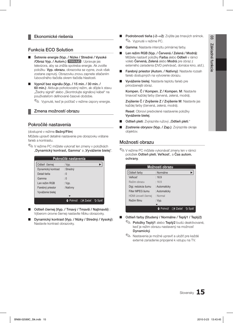 Funkcia eco solution, Pokročilé nastavenia, Možnosti obrazu | Samsung LE26C350D1W User Manual | Page 246 / 331