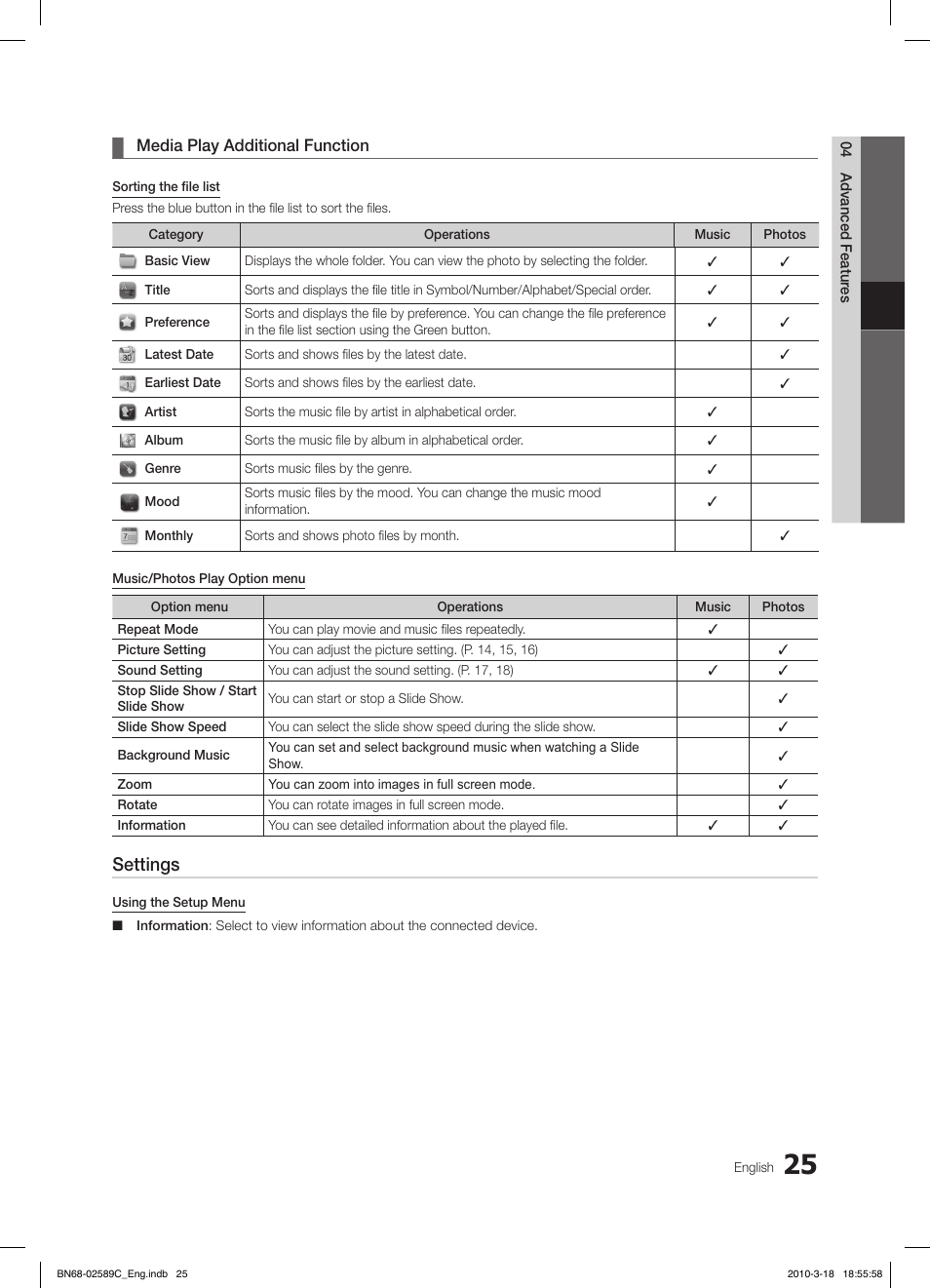 Settings, Media play additional function | Samsung LE26C350D1W User Manual | Page 25 / 331