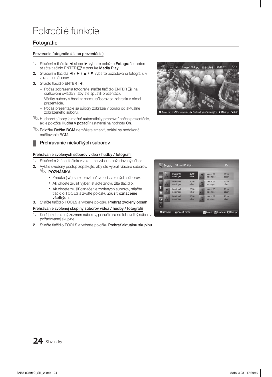 Pokročilé funkcie, Fotografie, Prehrávanie niekoľkých súborov | Samsung LE26C350D1W User Manual | Page 255 / 331
