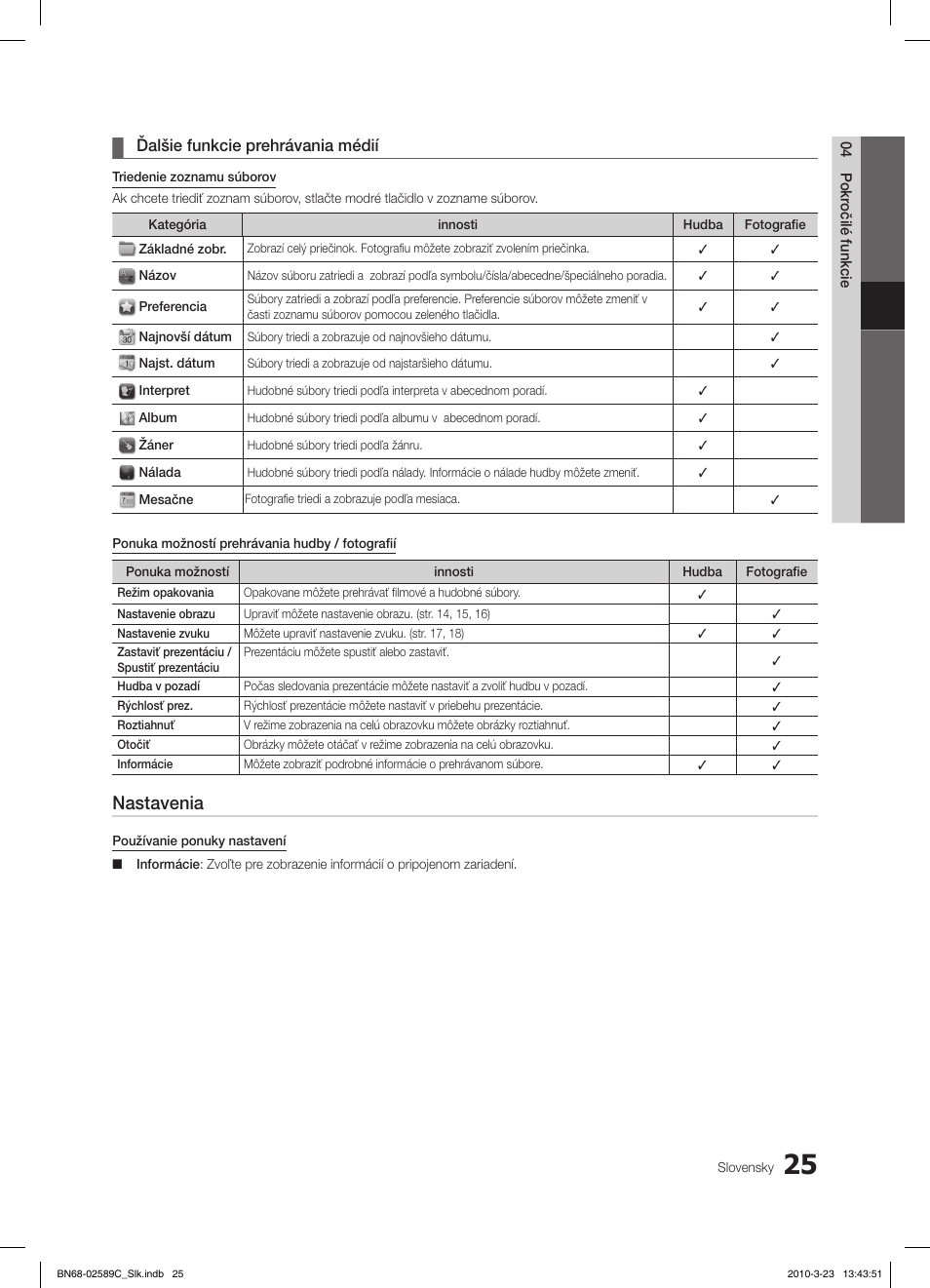 Nastavenia, Ďalšie funkcie prehrávania médií | Samsung LE26C350D1W User Manual | Page 256 / 331