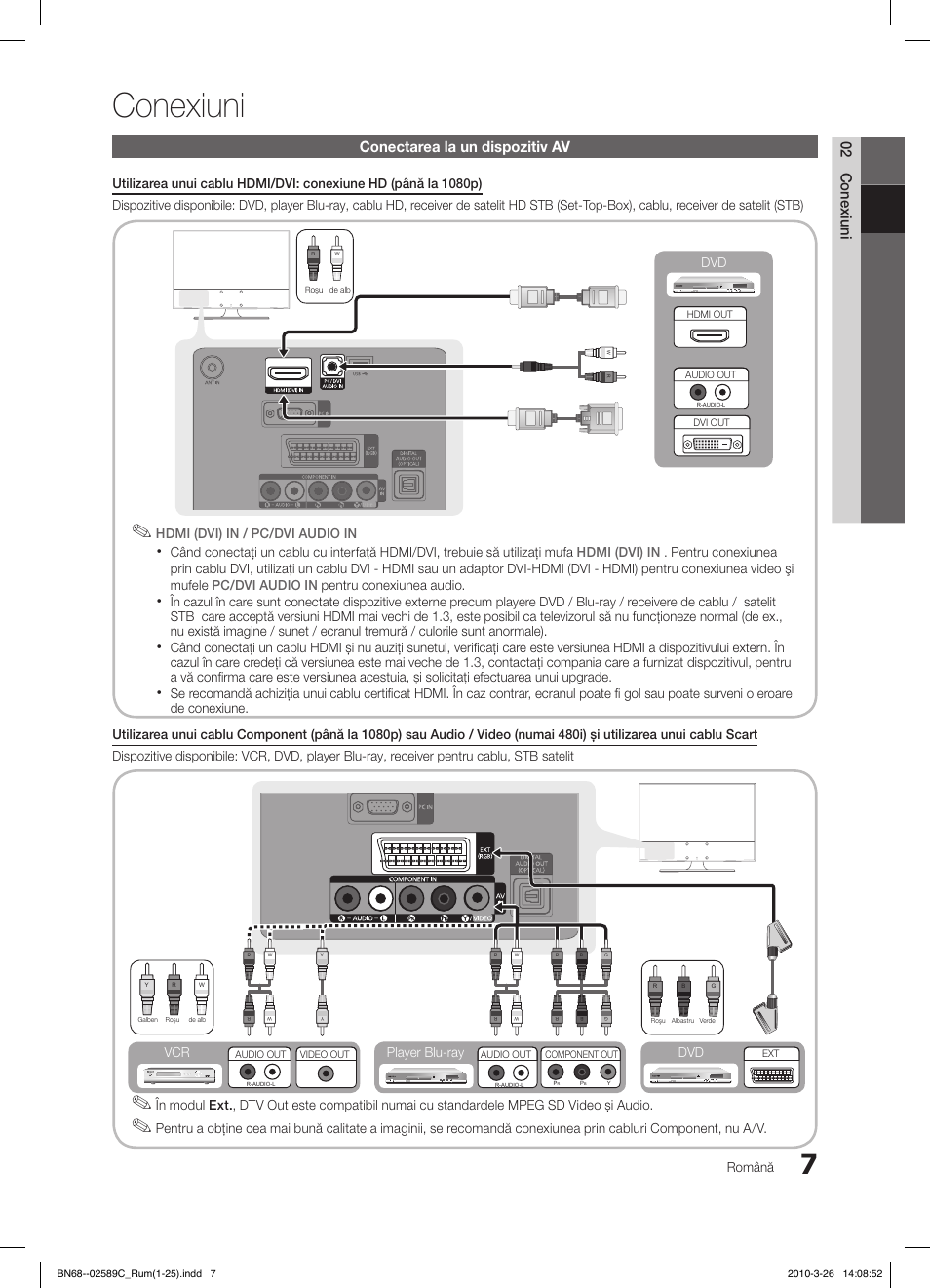 Conexiuni, 02 conexiuni, Conectarea la un dispozitiv av | Română, Player blu-ray dvd vcr | Samsung LE26C350D1W User Manual | Page 271 / 331