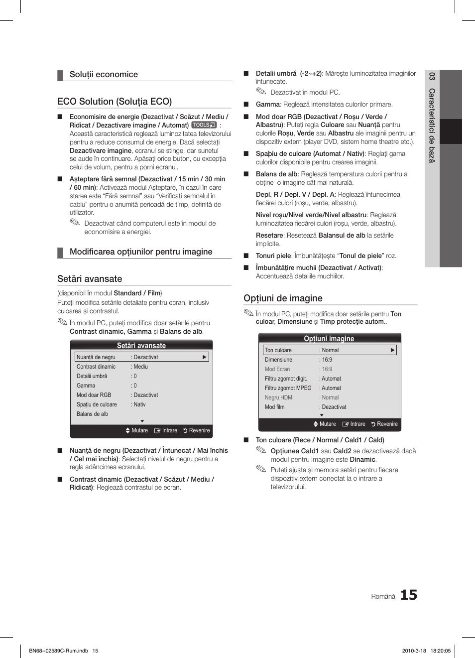 Eco solution (soluţia eco), Setări avansate, Opţiuni de imagine | Samsung LE26C350D1W User Manual | Page 279 / 331