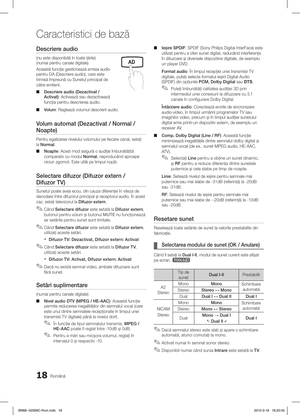 Caracteristici de bază, Fav.ch p.mode dual mts | Samsung LE26C350D1W User Manual | Page 282 / 331