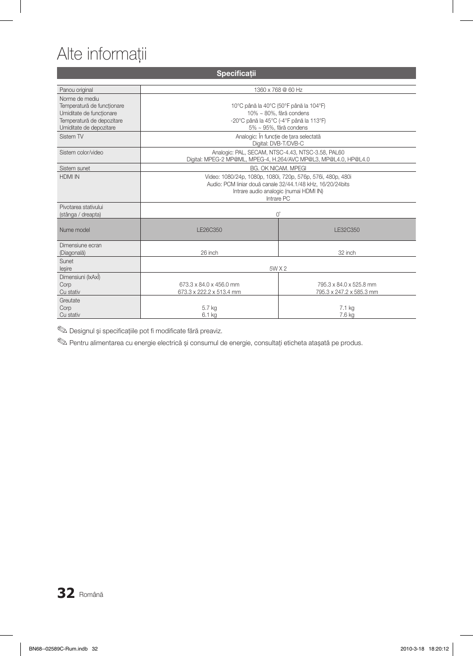 Alte informaţii | Samsung LE26C350D1W User Manual | Page 296 / 331