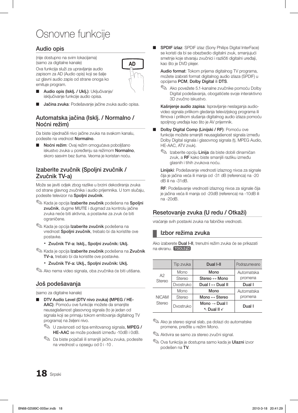 Osnovne funkcije, Fav.ch p.mode dual mts | Samsung LE26C350D1W User Manual | Page 315 / 331