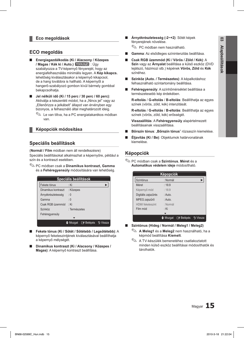 Eco megoldás, Speciális beállítások, Képopciók | Samsung LE26C350D1W User Manual | Page 48 / 331