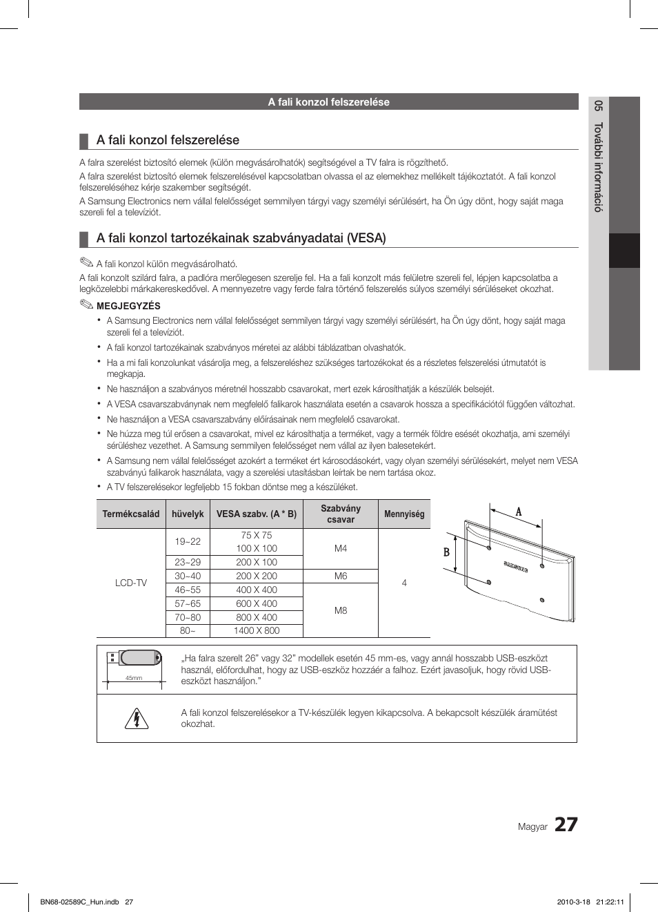 A fali konzol felszerelése, A fali konzol tartozékainak szabványadatai (vesa) | Samsung LE26C350D1W User Manual | Page 60 / 331