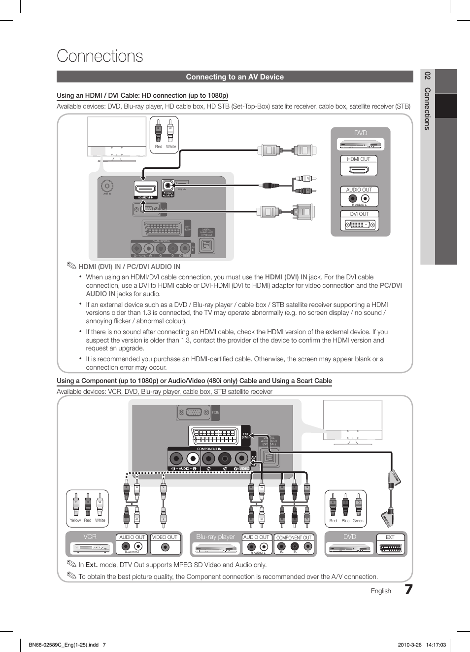 Connections, 02 connections, Connecting to an av device | English, Dvd blu-ray player dvd vcr | Samsung LE26C350D1W User Manual | Page 7 / 331